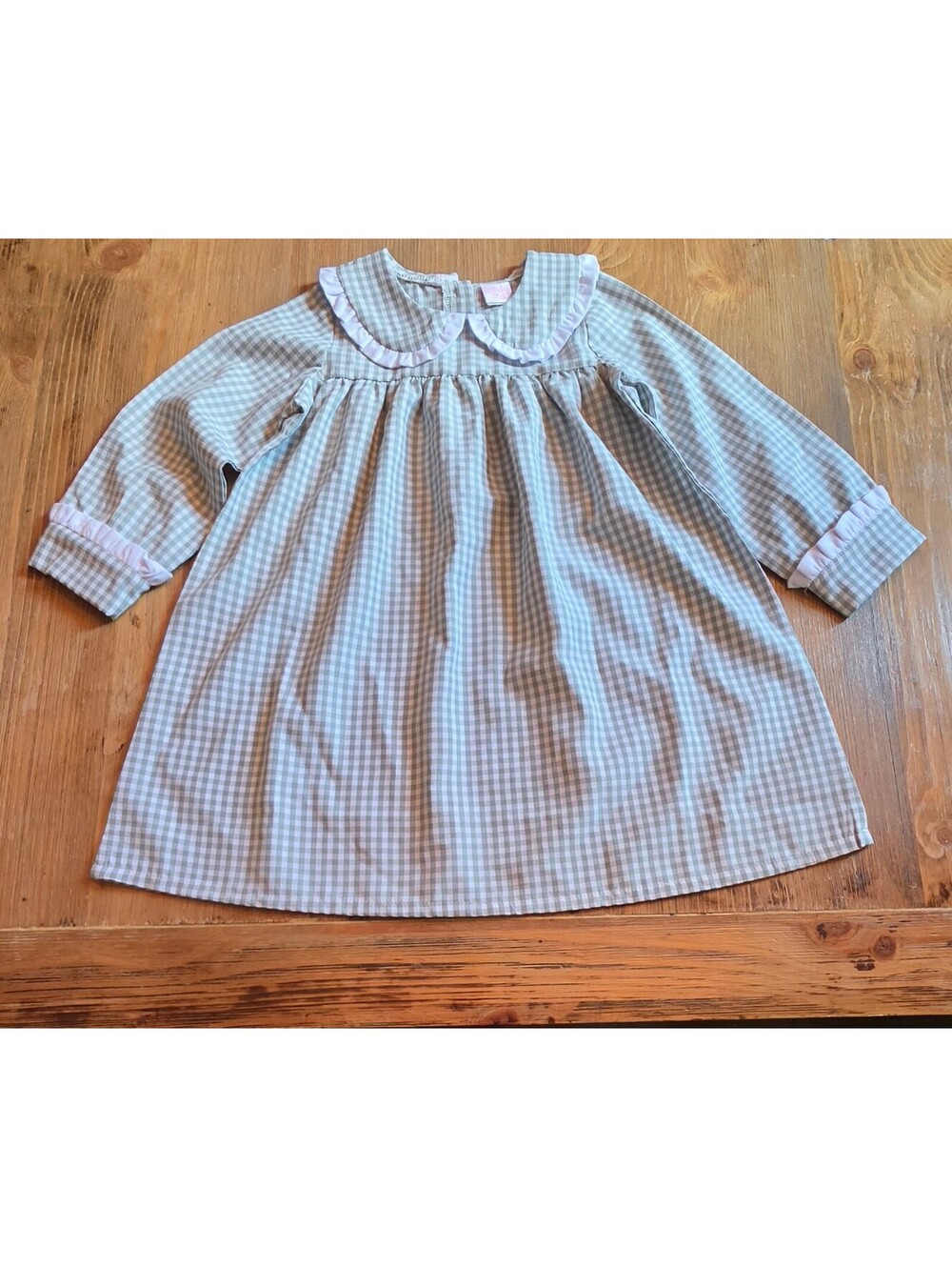 Stitchy Fish Girls 3T Sage Green Gingham Peter Pan Collar Dress